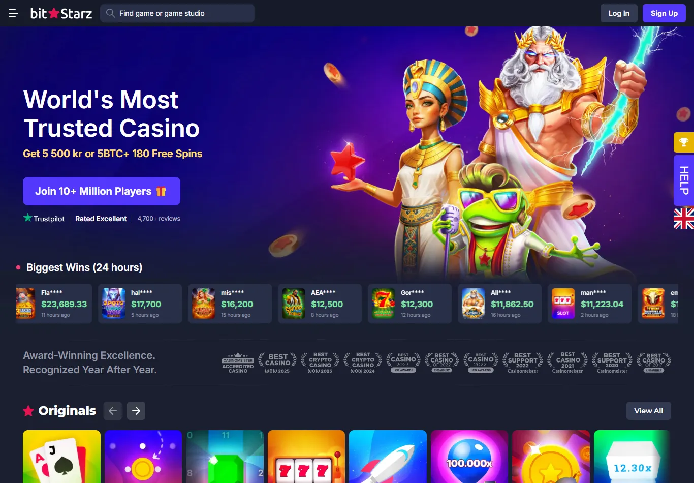 Forsiden hos BitStarz med velkomstbonus og spillkategorier