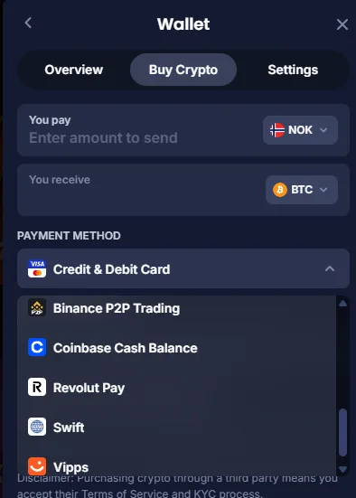 Buy Crypto-funksjonen i lommeboken hos Cashy med Vipps blant betalingsmåtene