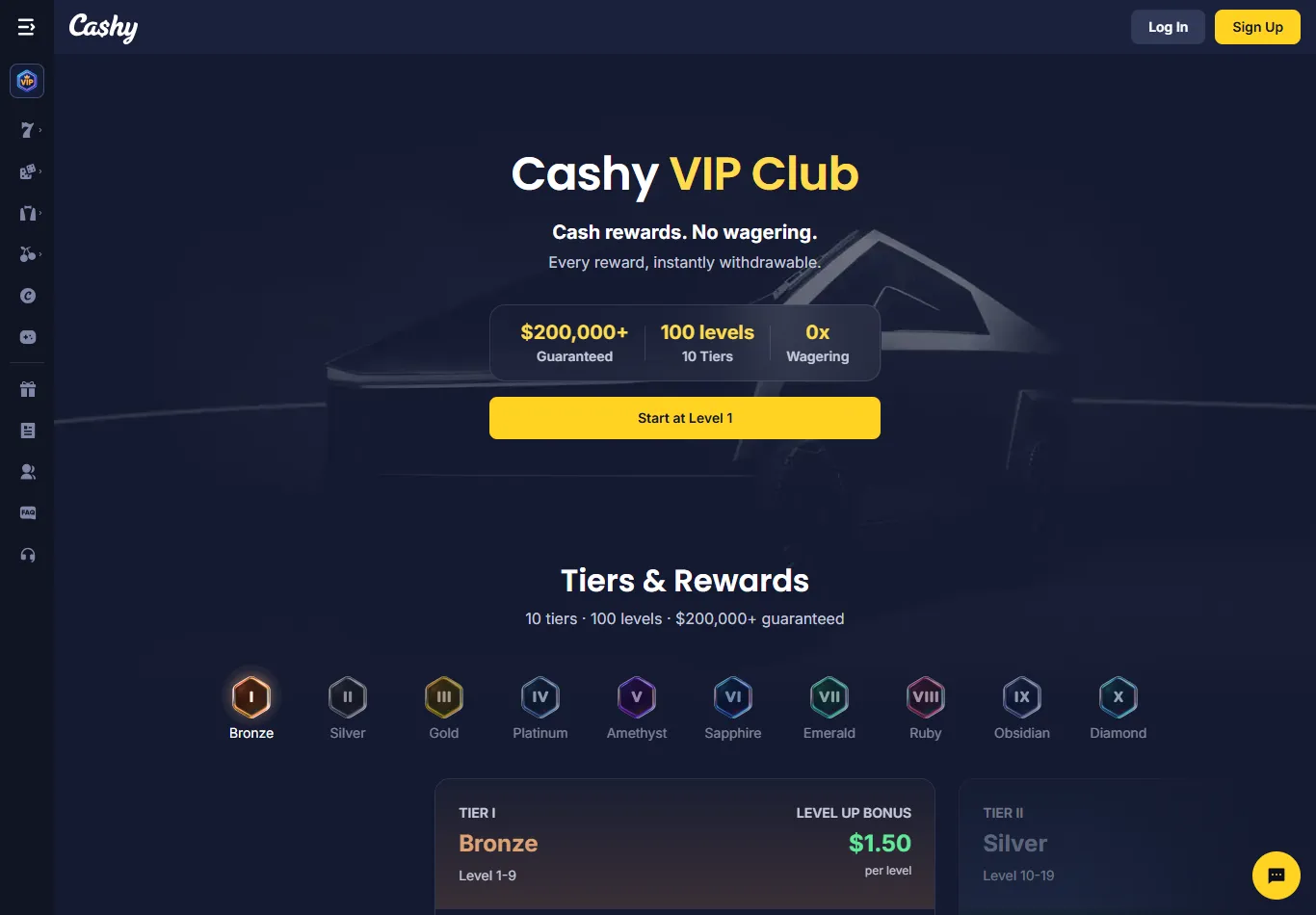 VIP-klubben hos Cashy med ti tiers fra Bronze til Diamond