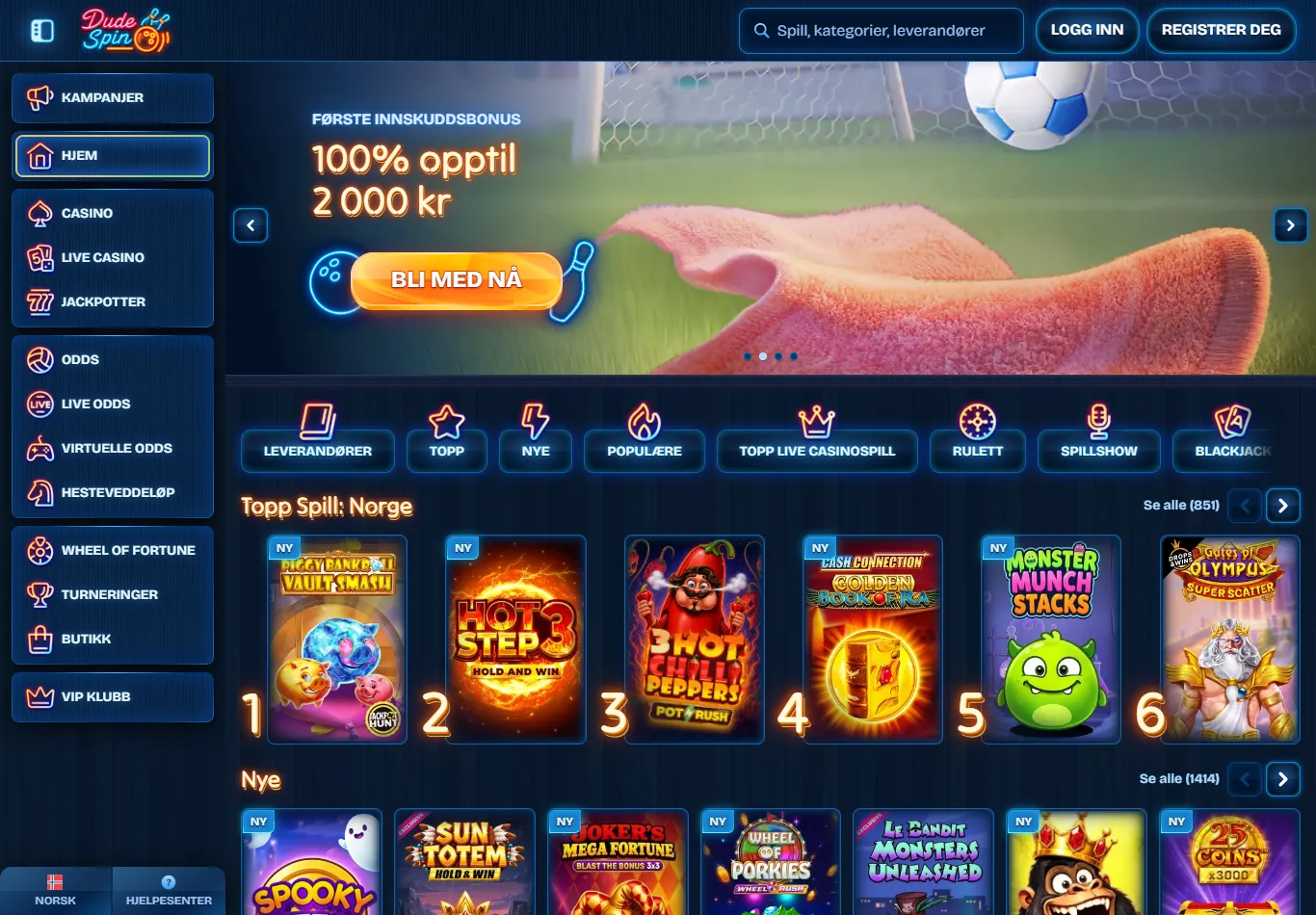 Forsiden hos Dudespin med sidemeny, oddsbonus i toppbanneret og raden Topp Spill: Norge