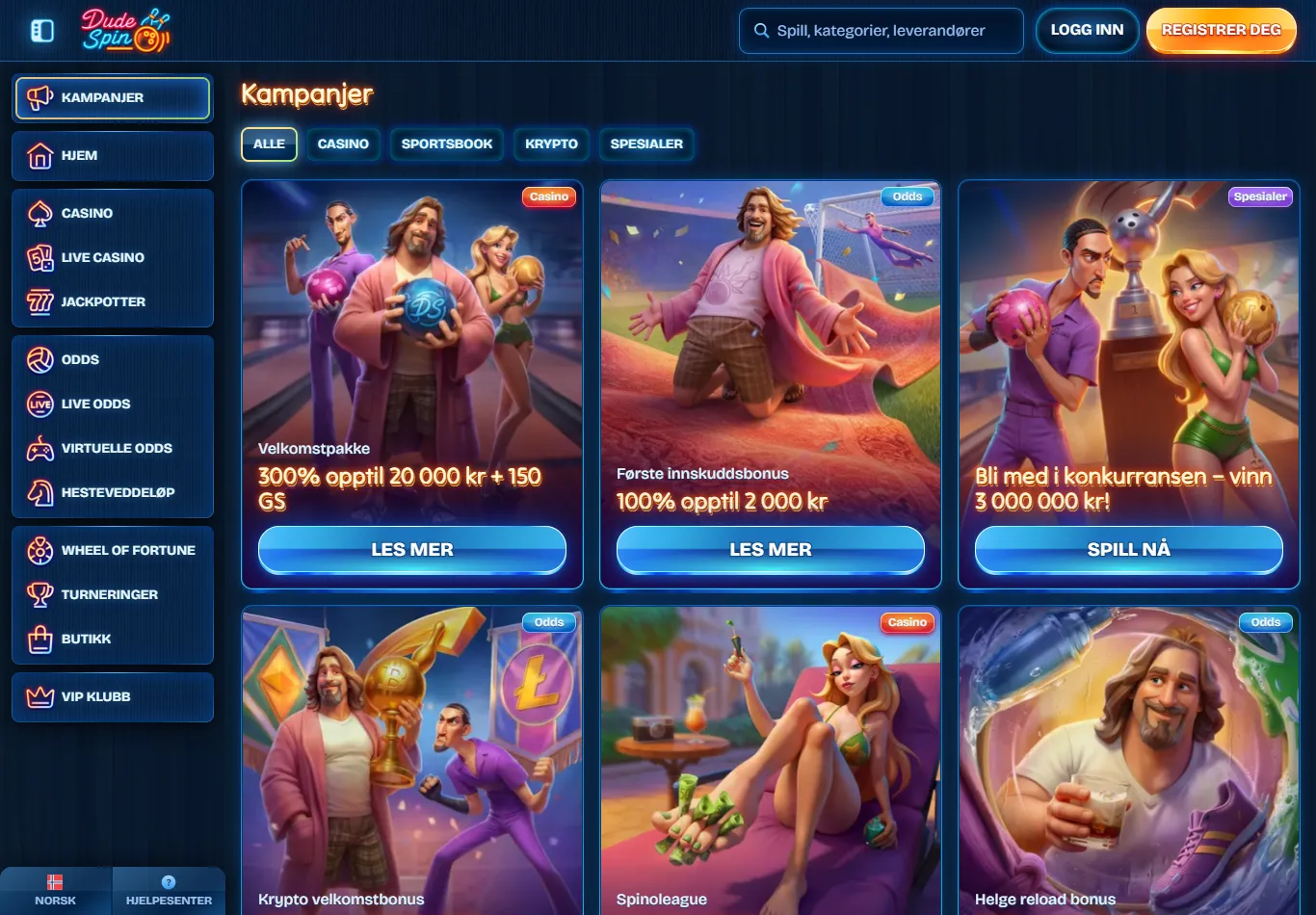 Kampanjesiden hos Dudespin med velkomstpakken, oddsbonusen og filter for casino, sportsbook, krypto og spesialer