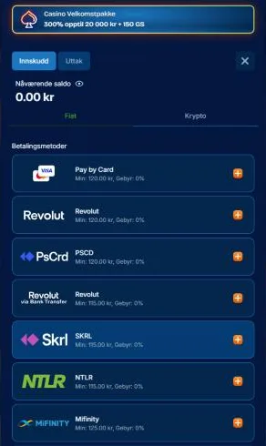 Innskuddsvinduet i kassen hos Dudespin med velkomstpakken øverst og betalingsmetodene med minstebeløp