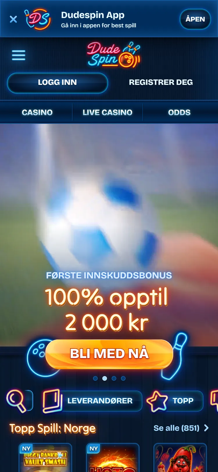 Dudespin på mobil med app-banner, faner for casino, live casino og odds og oddsbonusen i toppbanneret