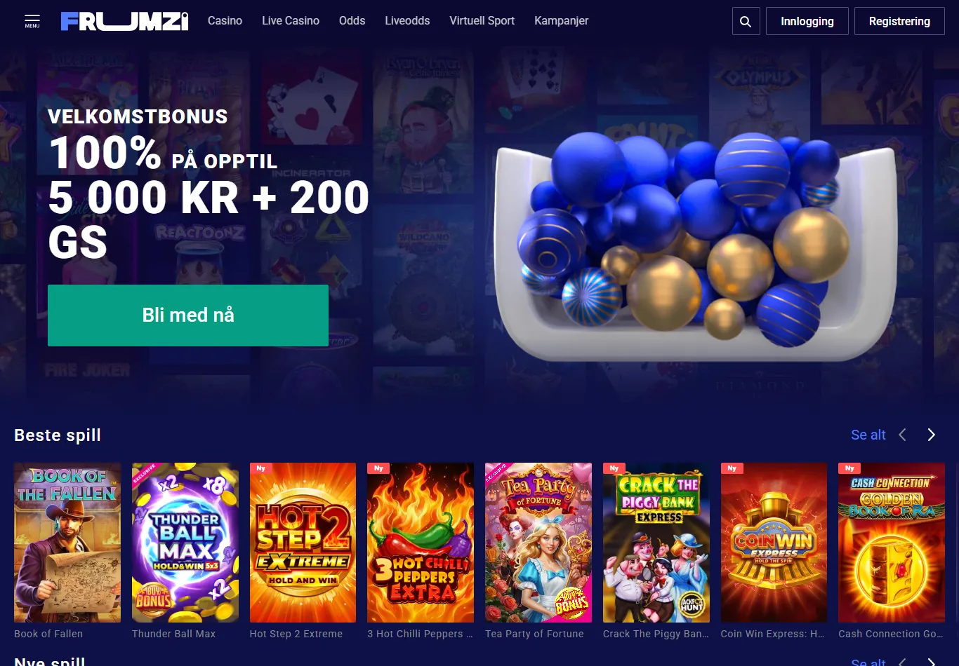 Forsiden hos Frumzi med velkomstbonus og toppmeny for casino og odds
