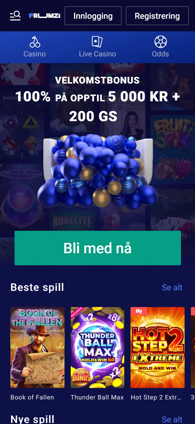 Frumzi på mobil med velkomstbonus og spillkategorier