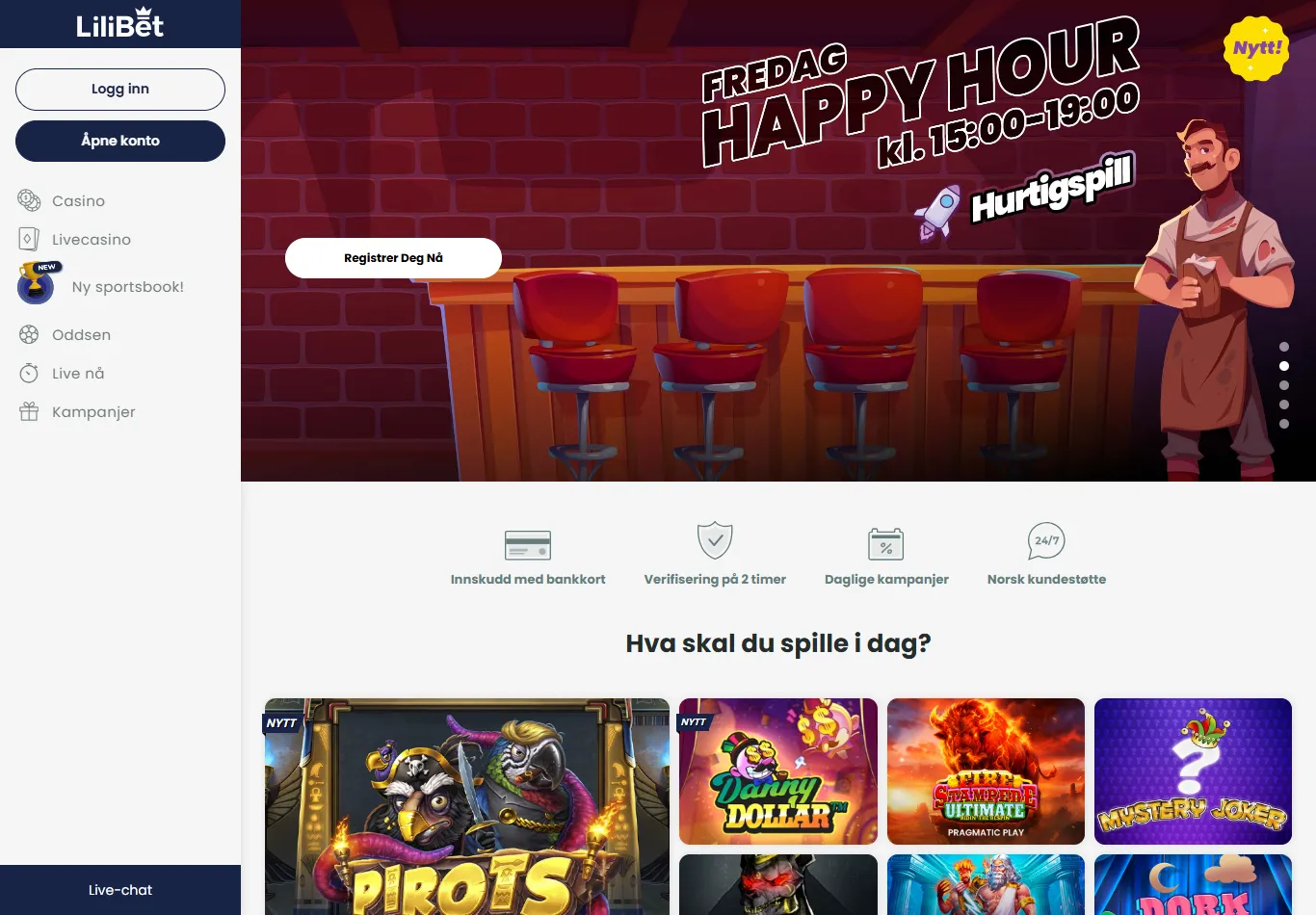 Forsiden hos Lilibet med Happy Hour-kampanje og norske løfter