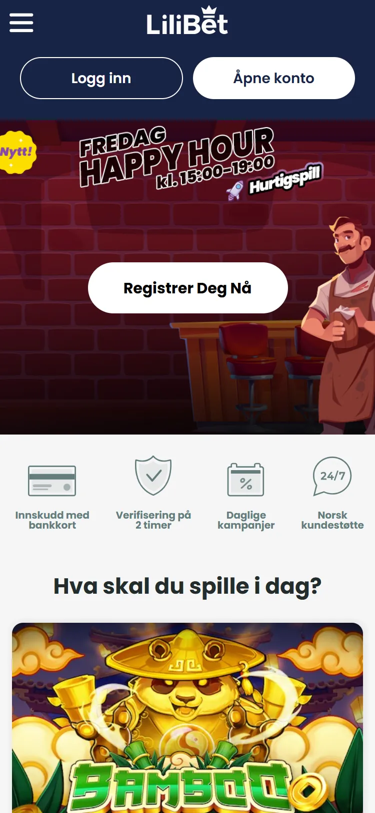 Lilibet på mobil med kampanjebanner og spillkategorier