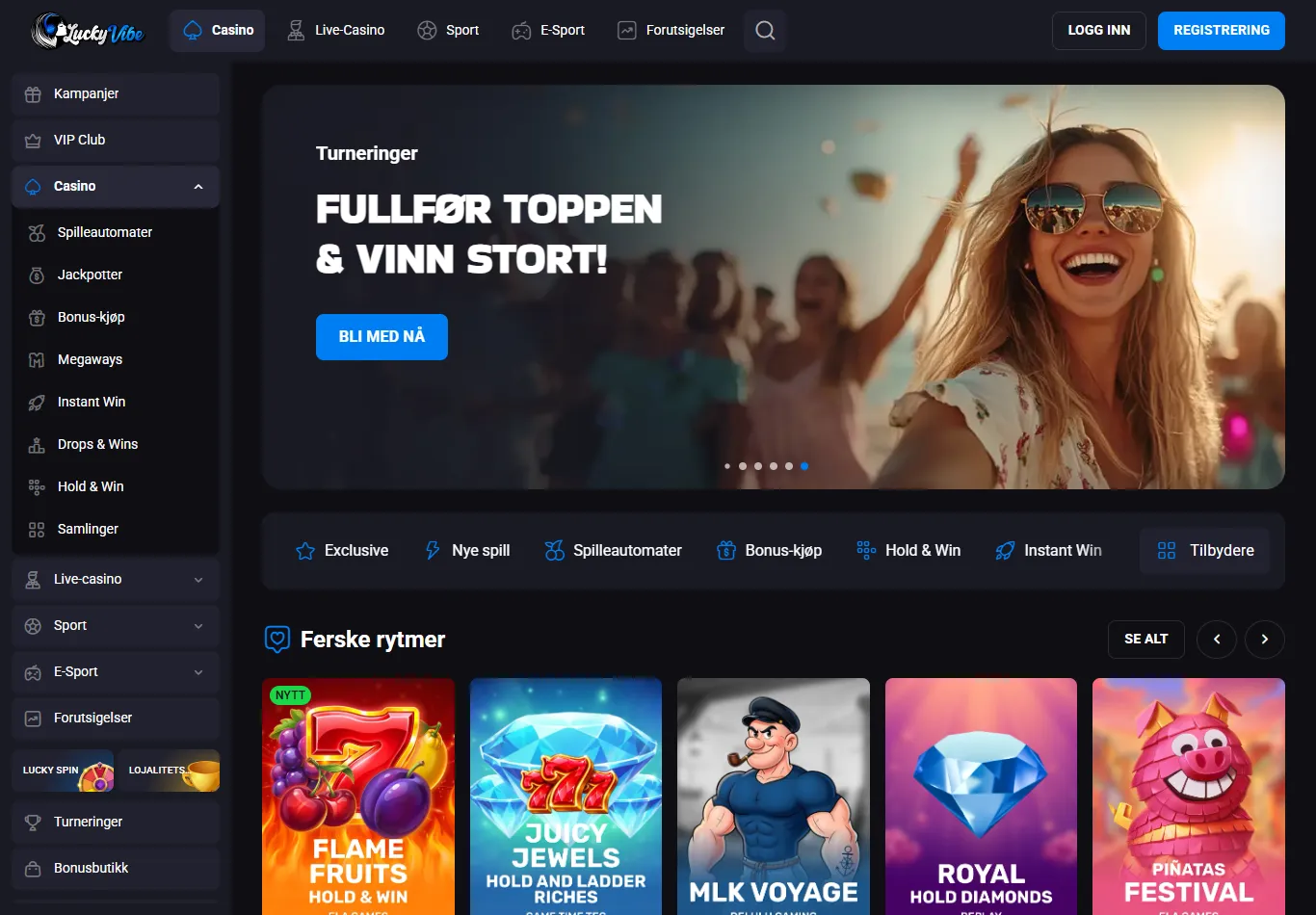 LuckyVibe-forsiden med sidemeny, turneringsbanner og spillrader
