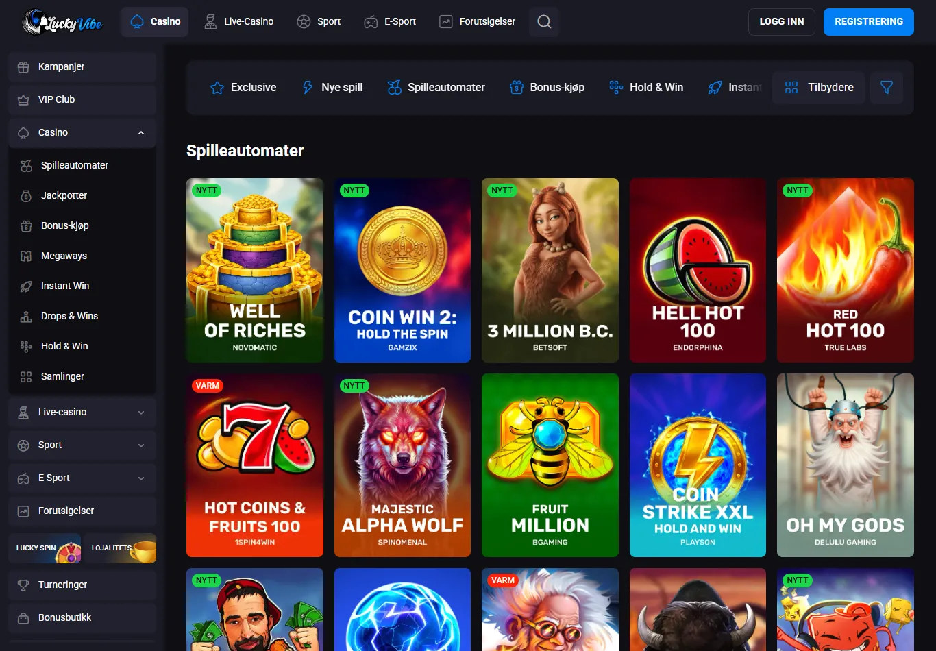 Spillobbyen hos LuckyVibe med kategorifiltre og spillrutenett
