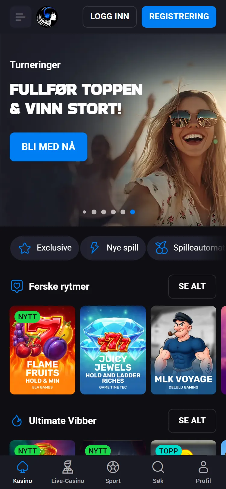 LuckyVibe i mobilvisning med kampanjebanner og app-meny langs bunnen