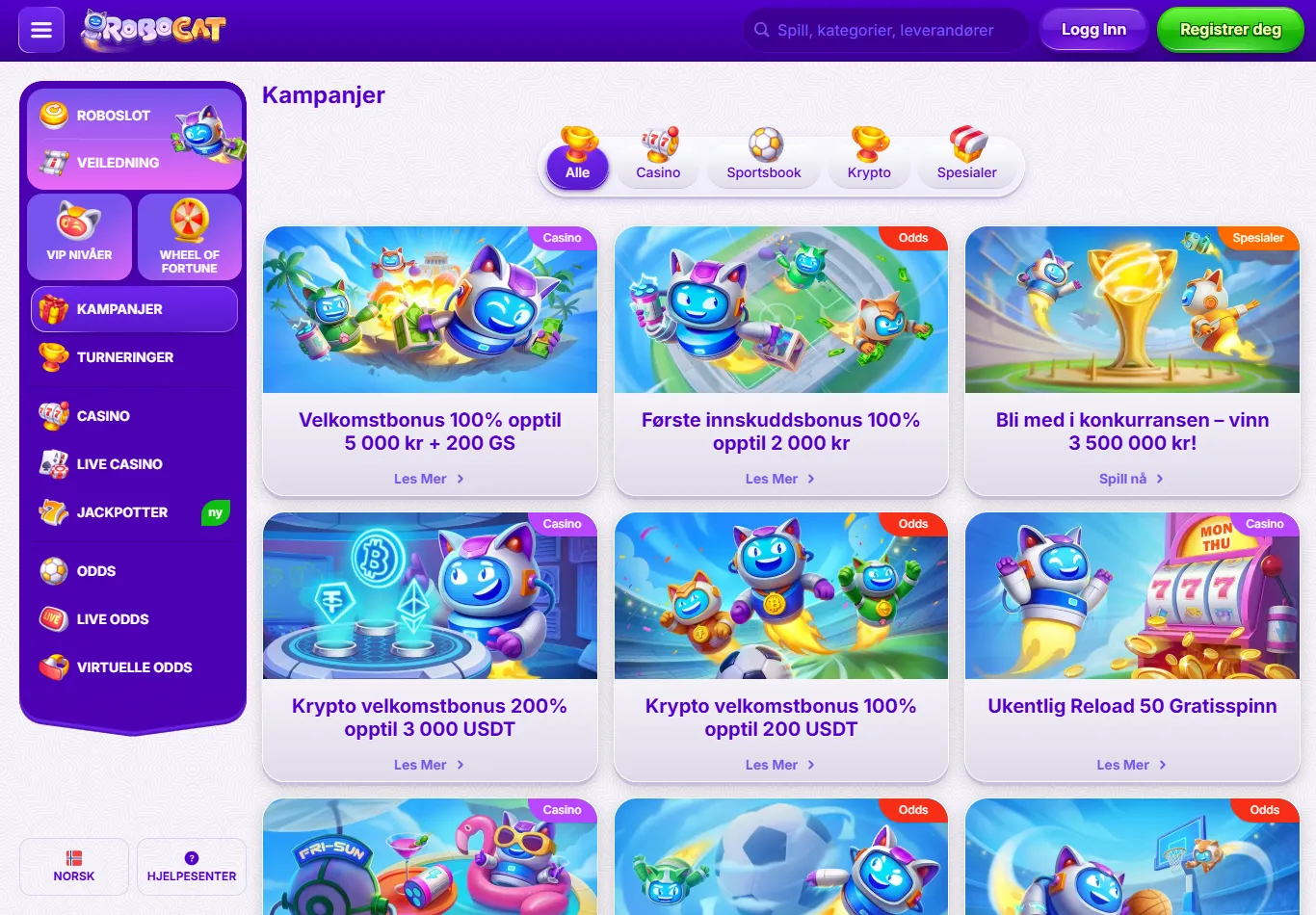Kampanjesiden hos Robocat med velkomstbonuser for casino, odds og krypto