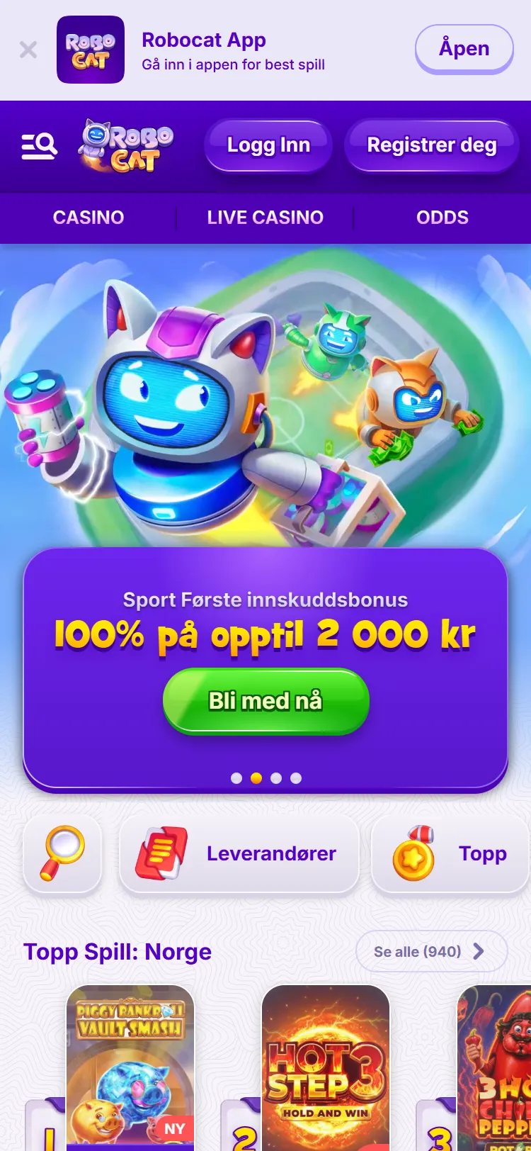 Robocat på mobil med app-banner, faner for casino, live casino og odds og oddsbonusen i toppbanneret