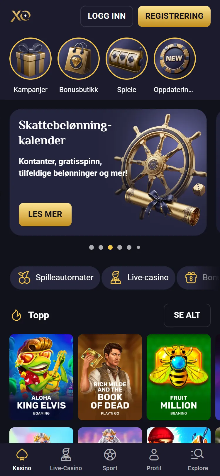 RollXO i mobilvisning med snarveisrad, kampanjekarusell og app-meny langs bunnen