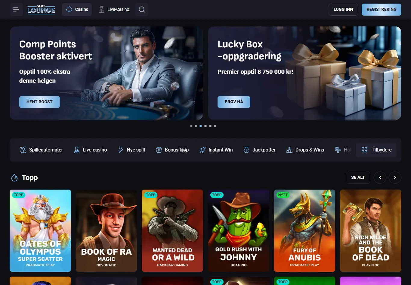 SlotLounge-forsiden med ferielotteri, bonusbutikk og mørk turkis profil