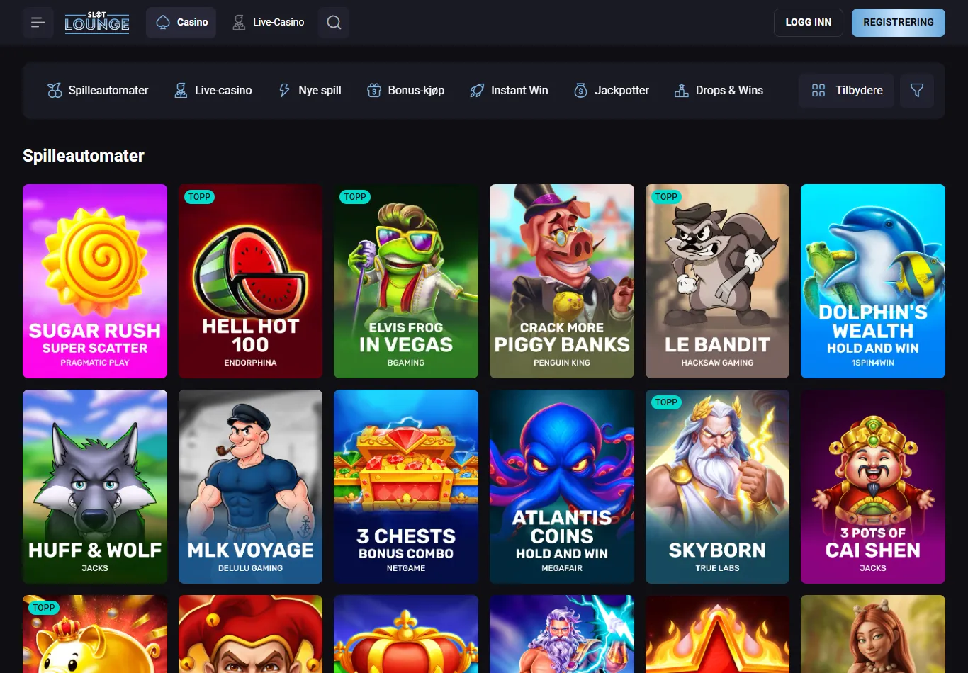 Spillobbyen hos SlotLounge med kategorifiltre og spillrutenett