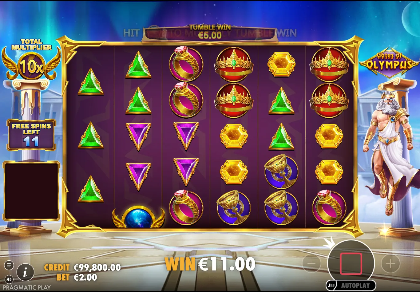 Free spins i Gates of Olympus med totalmultiplikator 10x og multiplikatorkuler på hjulene