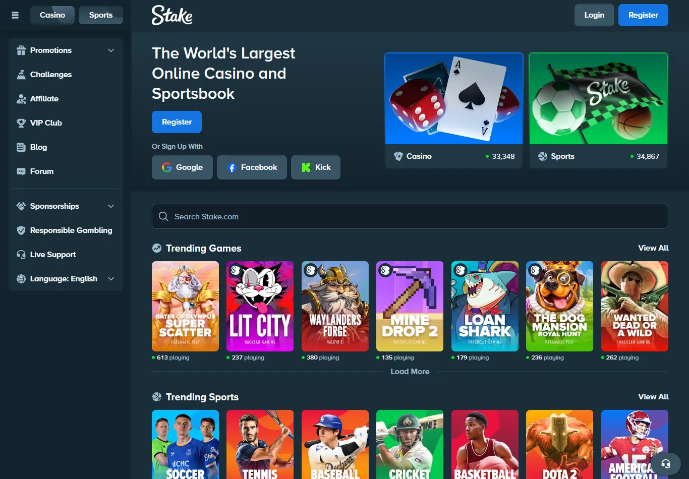 Forsiden hos Stake med casino og sportsbook