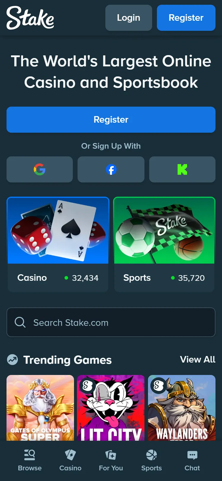 Stake på mobil med spillkategorier